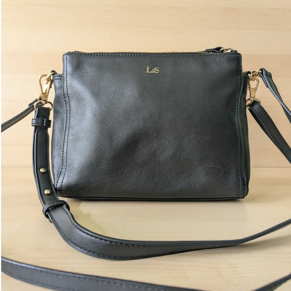 Lo & Sons The Pearl Black Leather Crossbody Bag Gold Hardware Triple Zip Pocket